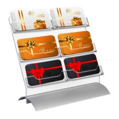6 Pocket Gift Card Display for Tabletop with Clear Acrylic Slant Back and Silver Metal Snap On Base